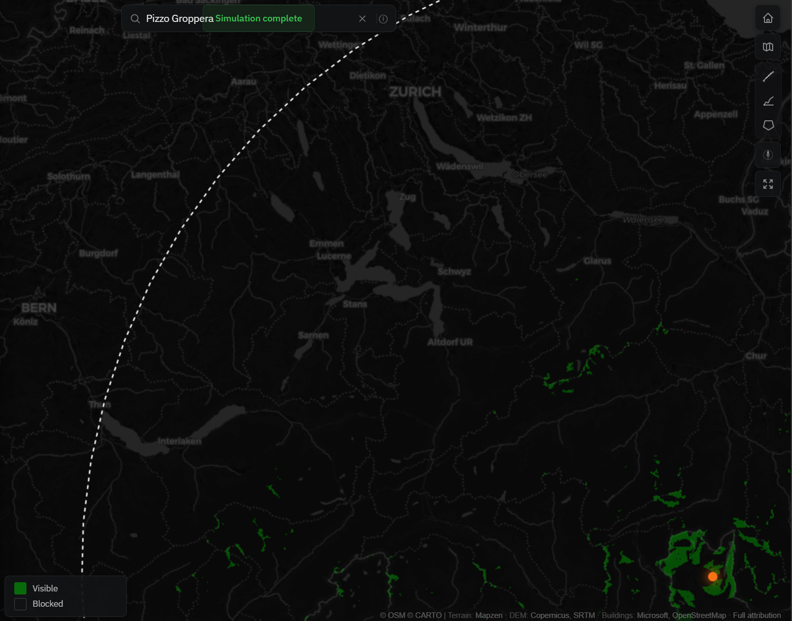 Radio 24 line-of-sight viewshed, only small patches near the peak lit and Zürich dark