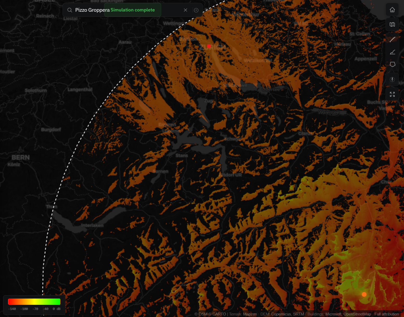 Radio 24 RF coverage with ITM, signal strength spreading across the terrain far beyond line of sight