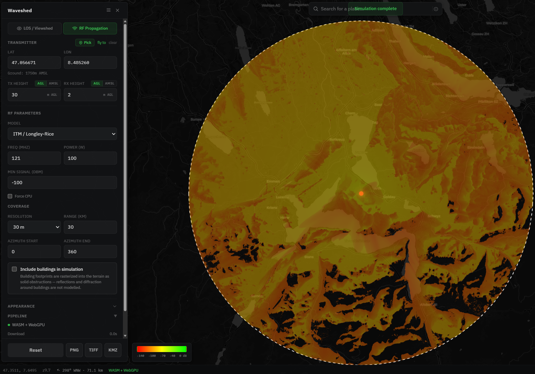 RF coverage from Mount Rigi at 121 MHz computed with the ITM model, signal strength shaded over the terrain