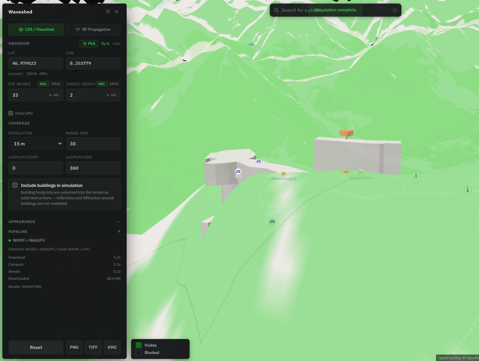 The same Pilatus viewshed tilted into Waveshed’s 3D terrain view, the green visible area draped over the relief of the surrounding mountains