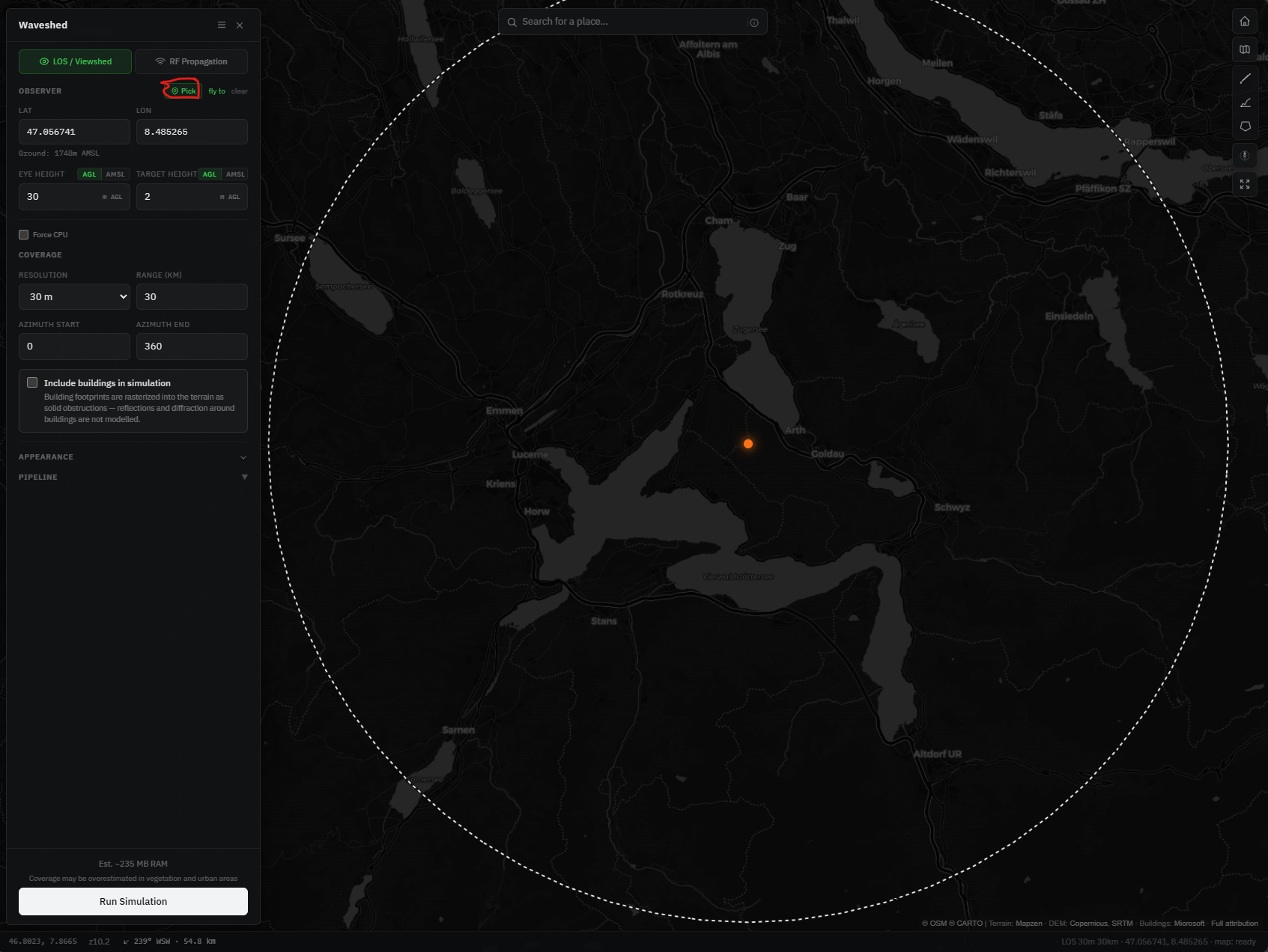 Placing the observer by clicking the map, with the Pick button and location search