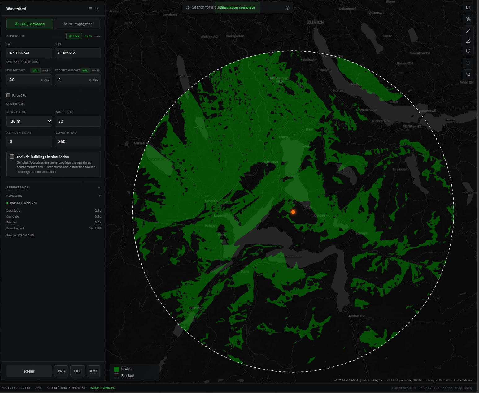 Coverage overlay drawn on the map after a completed run, with the results panel