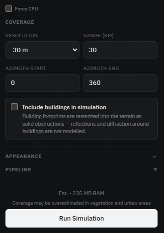Range and resolution controls with the Run Simulation button and progress bars