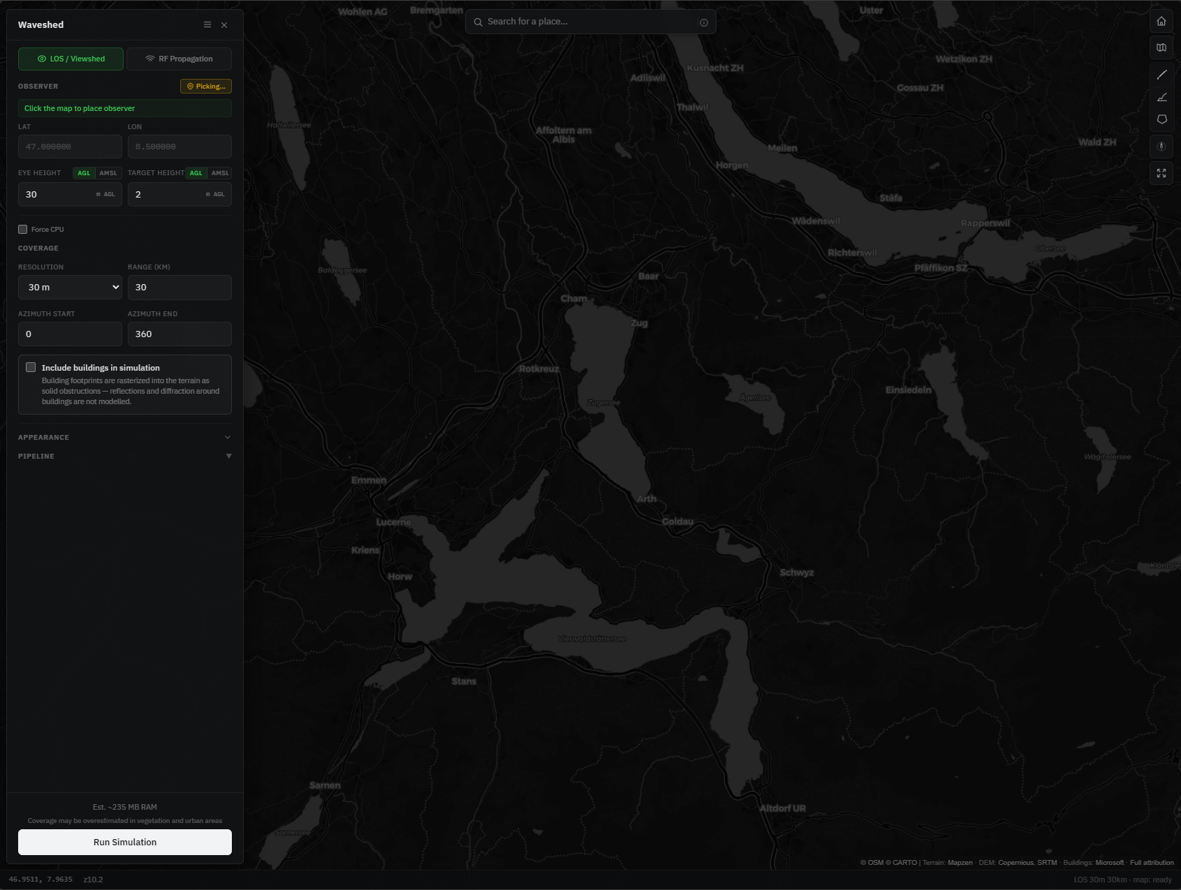 The Waveshed simulator showing the map and the control panel