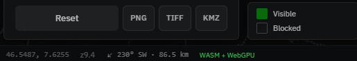 The bottom status bar showing bearing and distance from the observer to the cursor