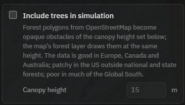 Das Kontrollkästchen „Bäume in die Simulation einbeziehen“ mit dem Feld für die Kronenhöhe